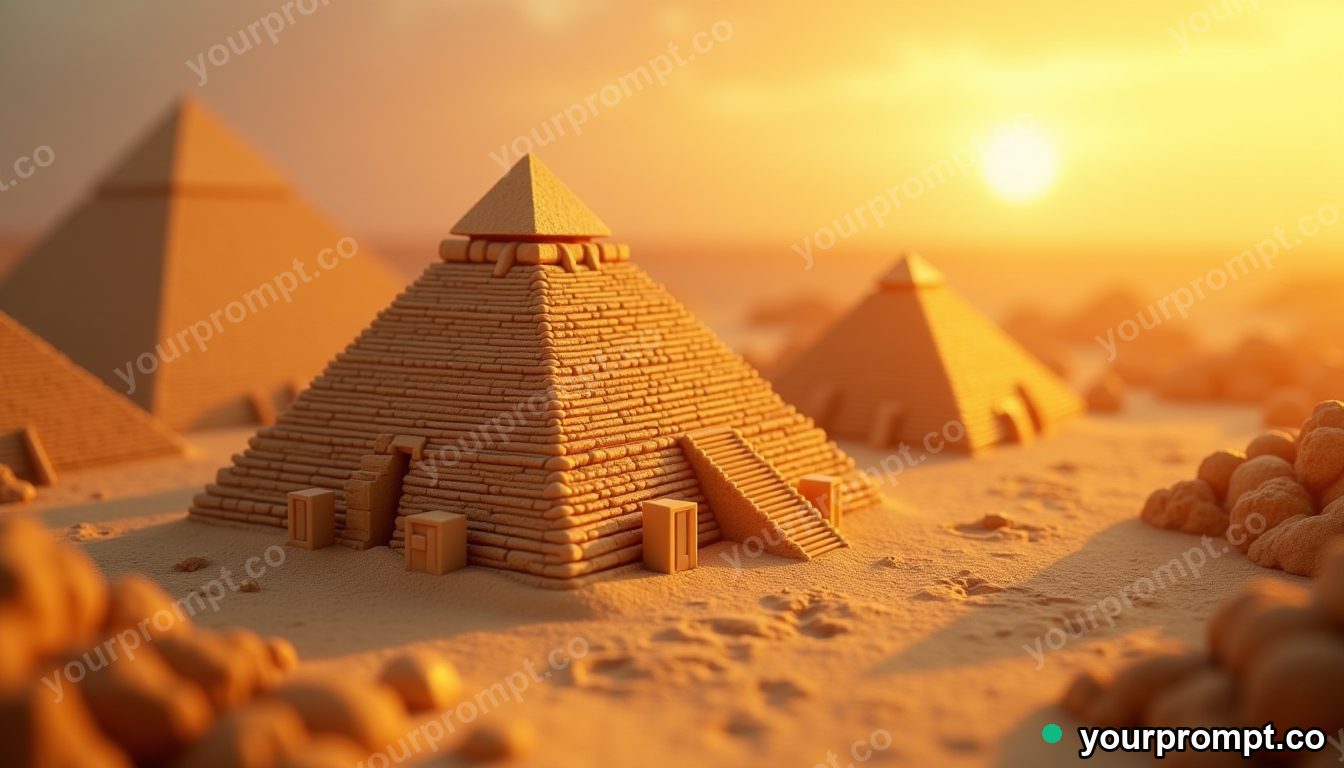 An Egyptian pyramid construction site at golden hour in isometric miniature style — AI-generated image from a text prompt