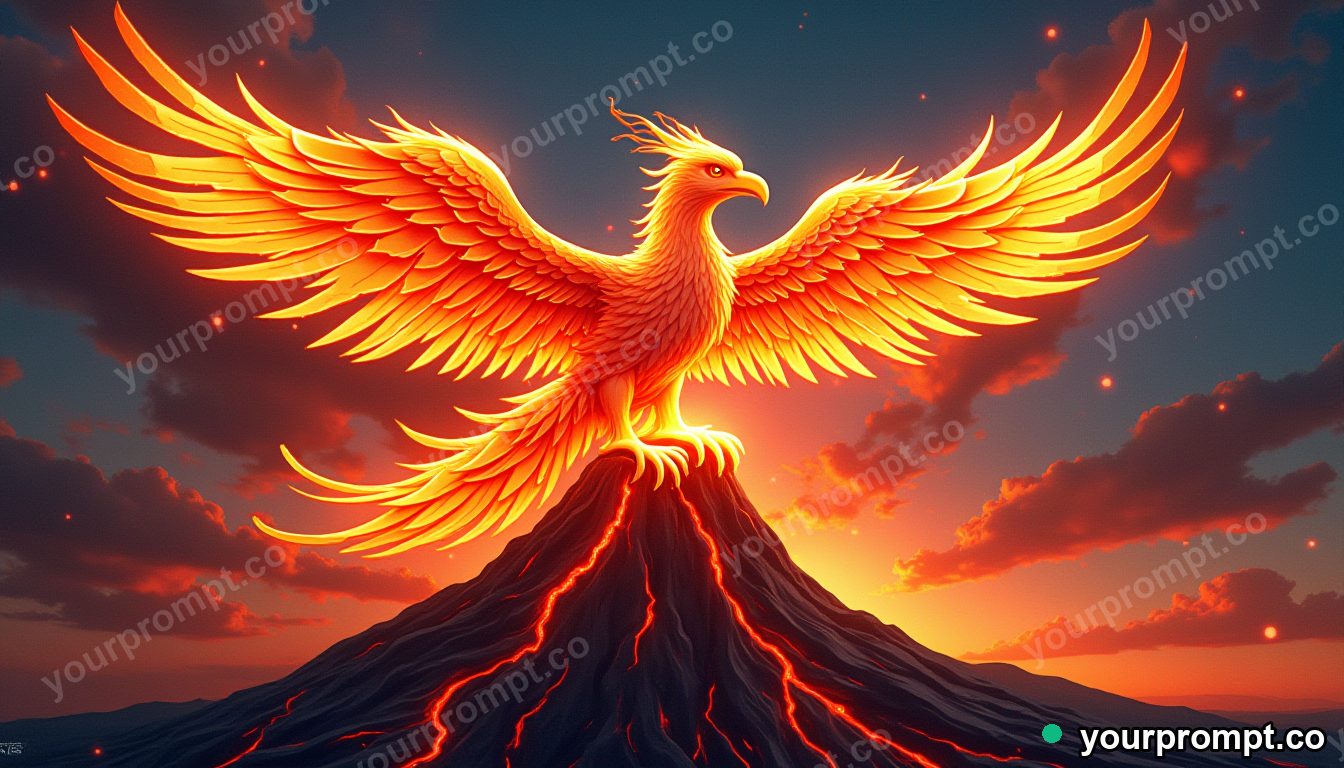 A phoenix made of fire soaring over a volcano