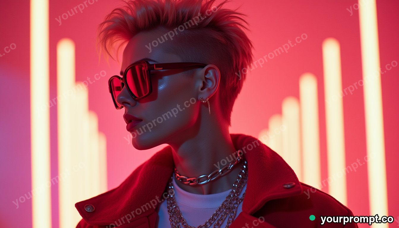 A stylish fashion model in avant-garde clothing, fictional