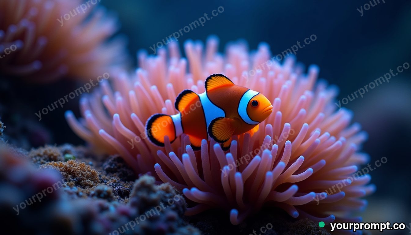 A clownfish nestled in a swaying anemone