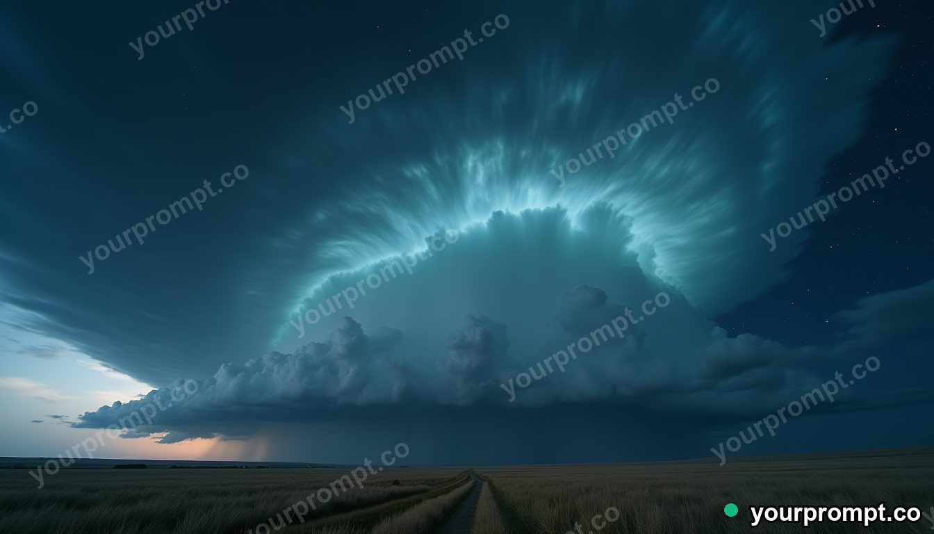 A massive supercell thunderstorm over open plains