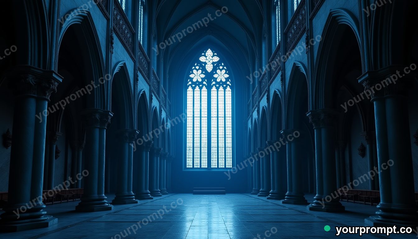 A gothic cathedral interior lit by stained-glass light