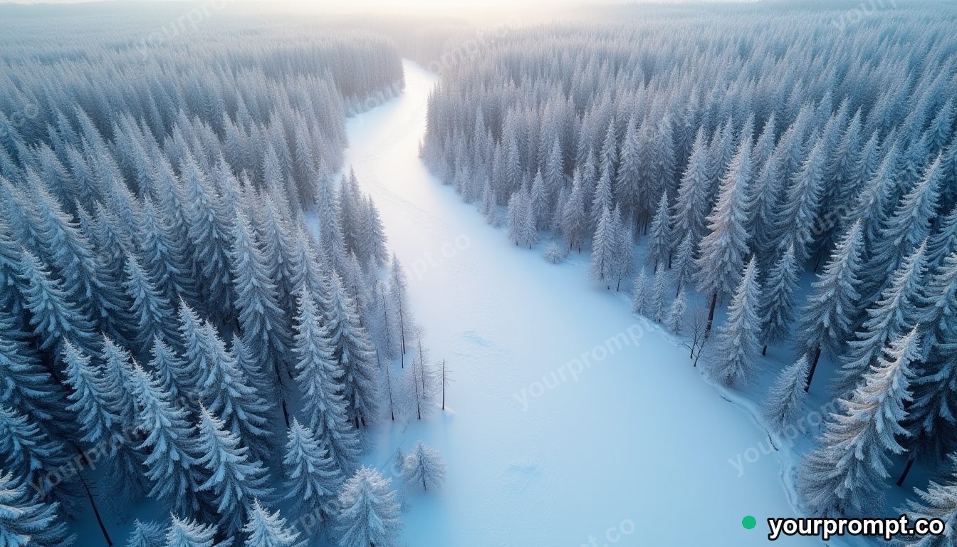 An aerial view of a snow-covered forest cut by a frozen river
