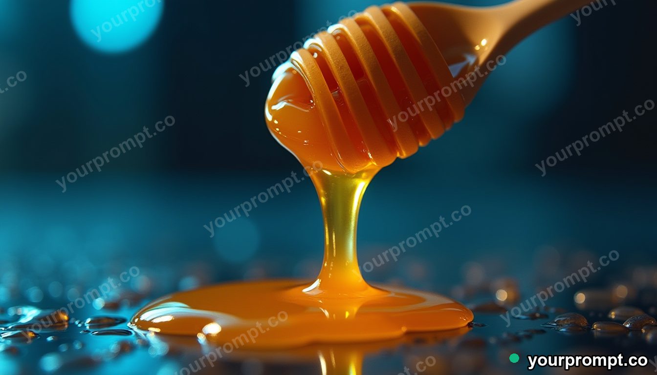 Honey dripping in a golden ribbon, close-up