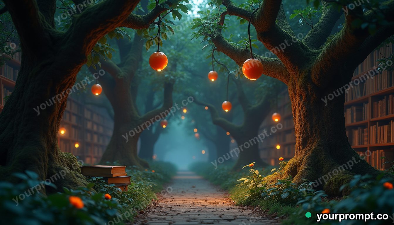 A library where books grow on trees like glowing fruit