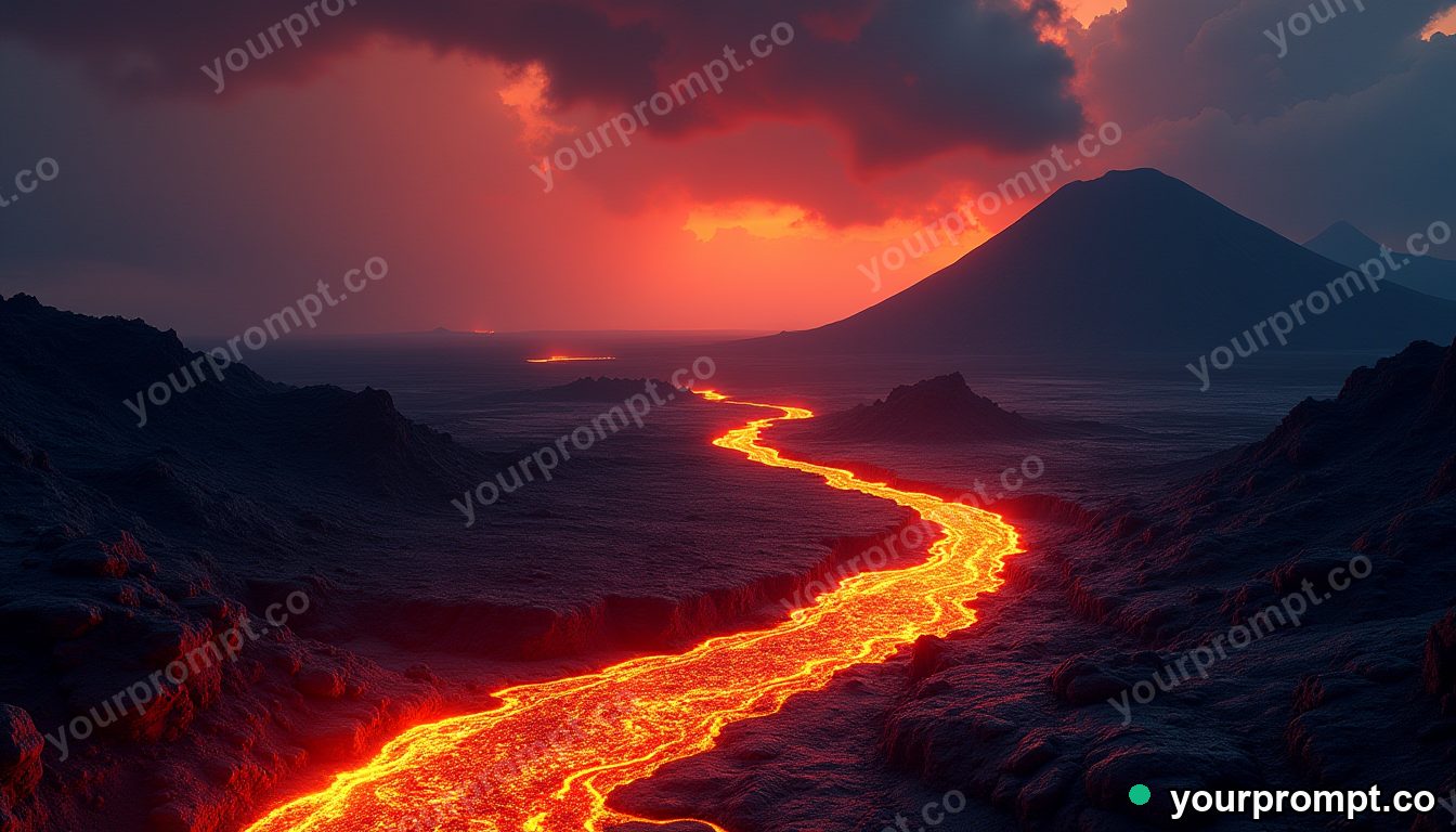A volcanic landscape with rivers of glowing lava at night