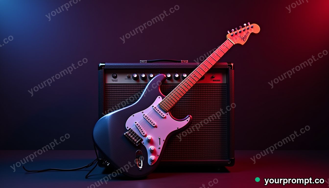 A vintage electric guitar leaning against an amp, neon glow