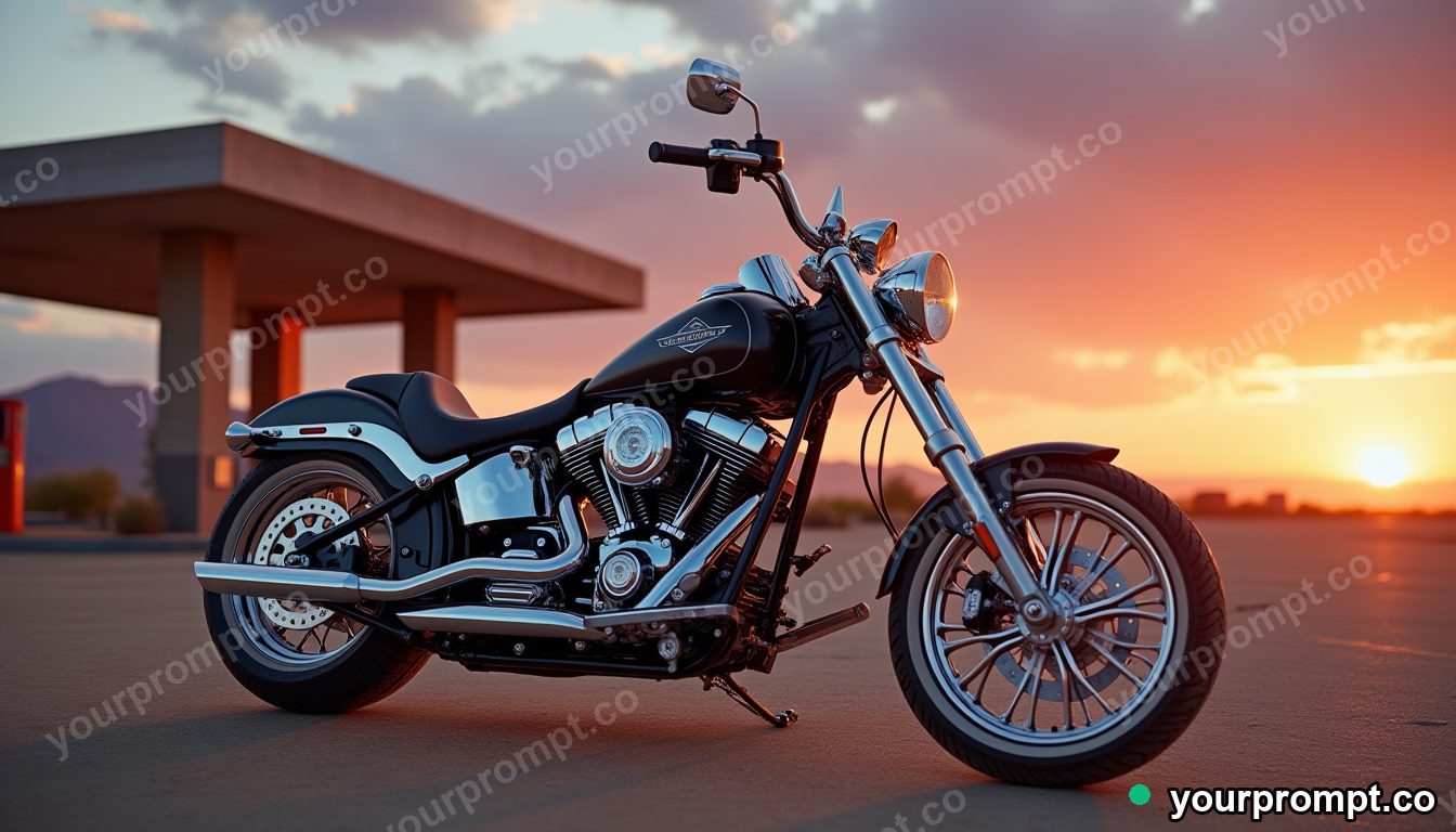 A chrome cruiser bike at a desert gas station at dusk