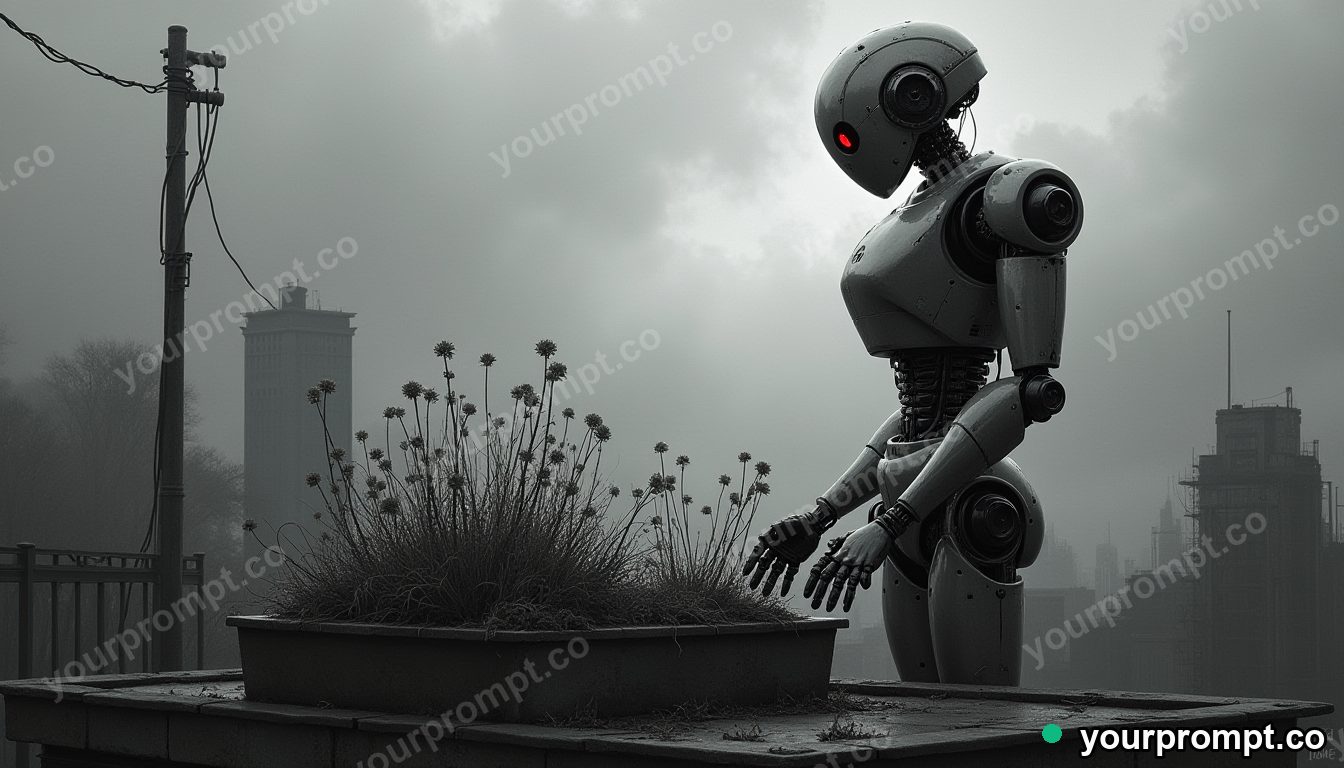 A friendly humanoid robot tending a rooftop garden