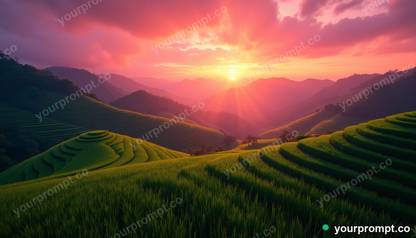 A terraced rice field at sunrise in Bali