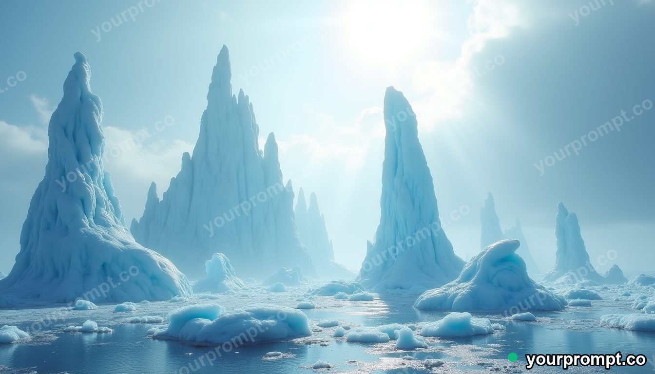 An ice planet with towering frozen geysers