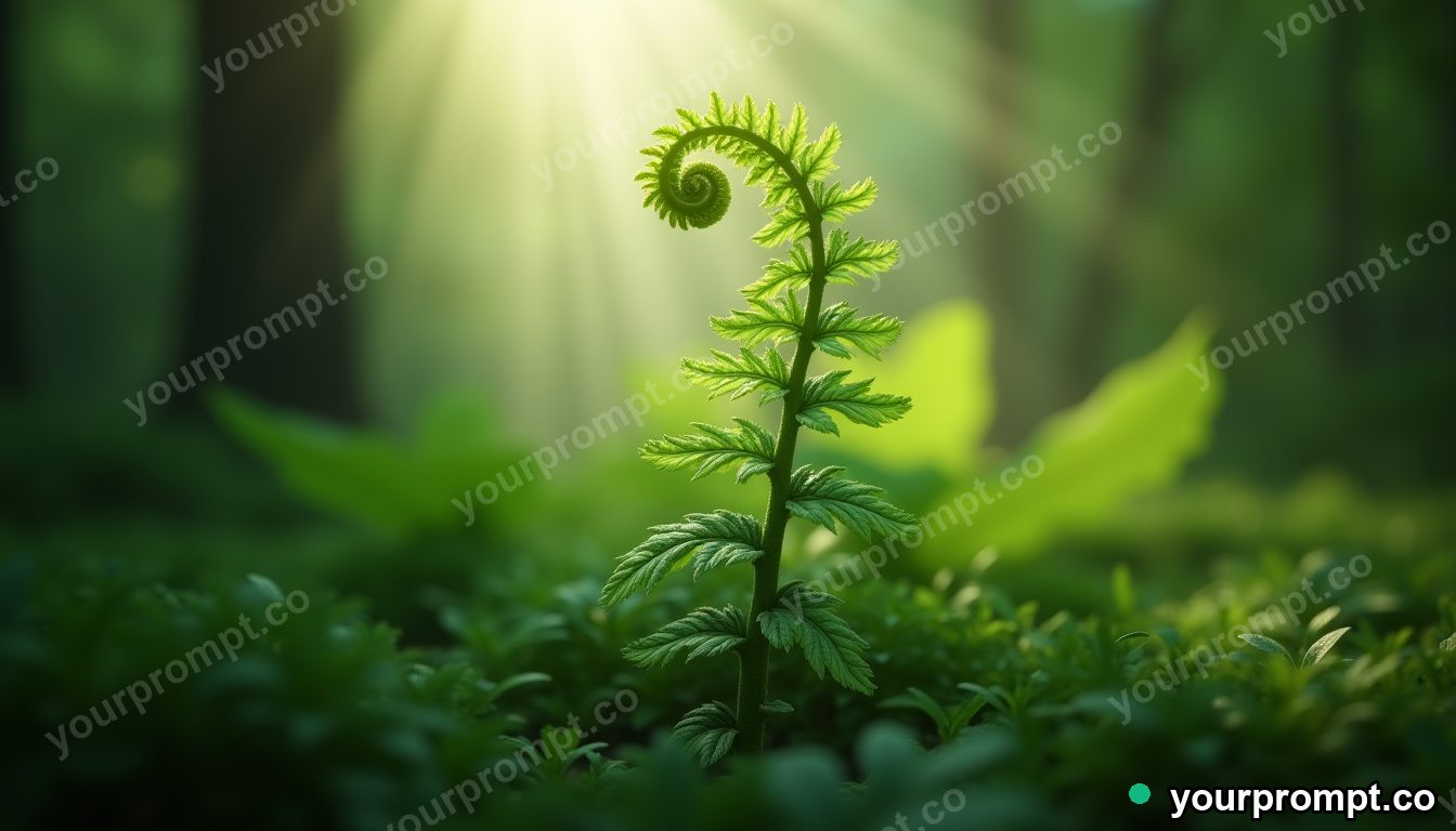 A fern unfurling in dappled forest light