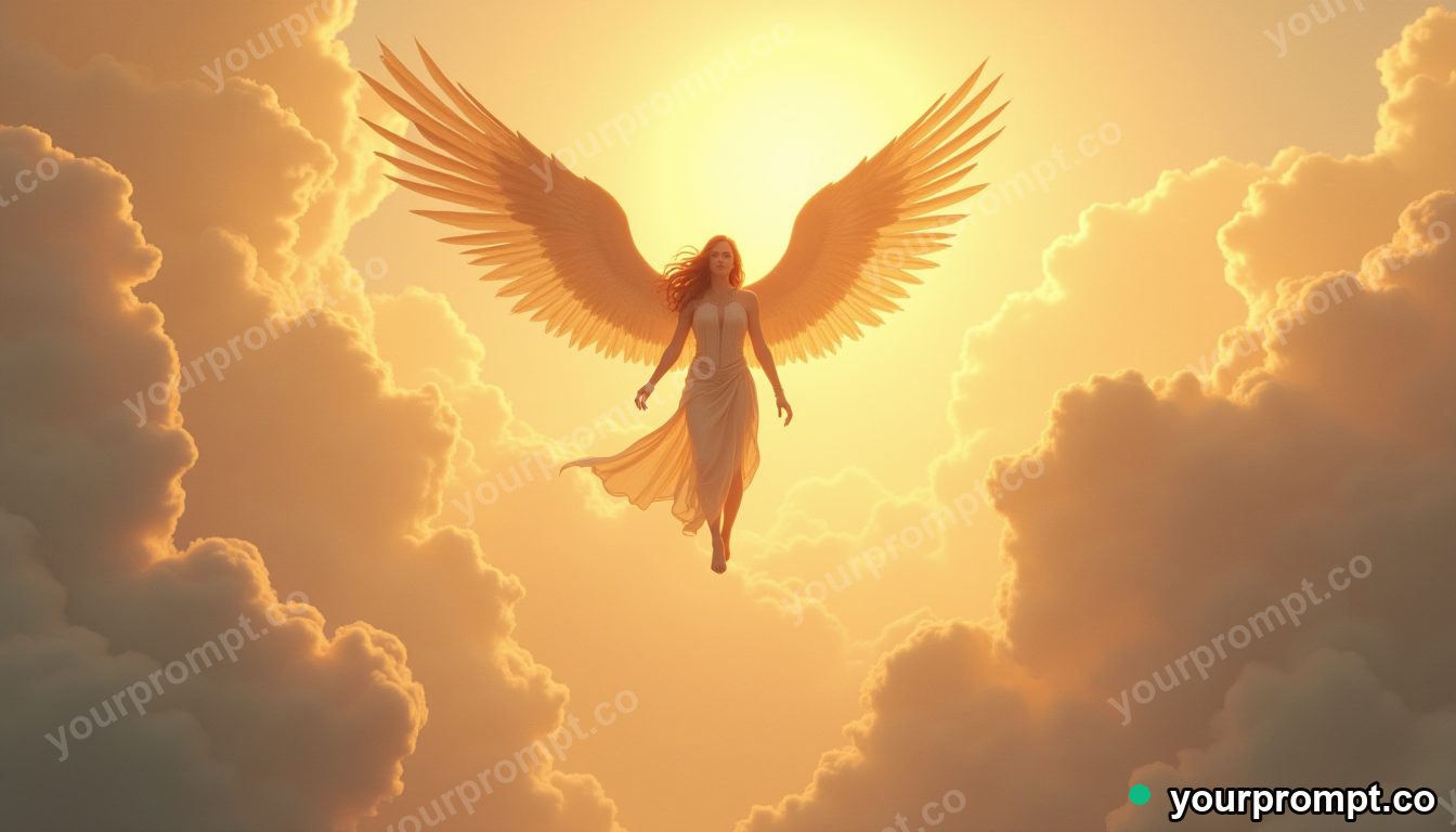 A Valkyrie descending through golden clouds