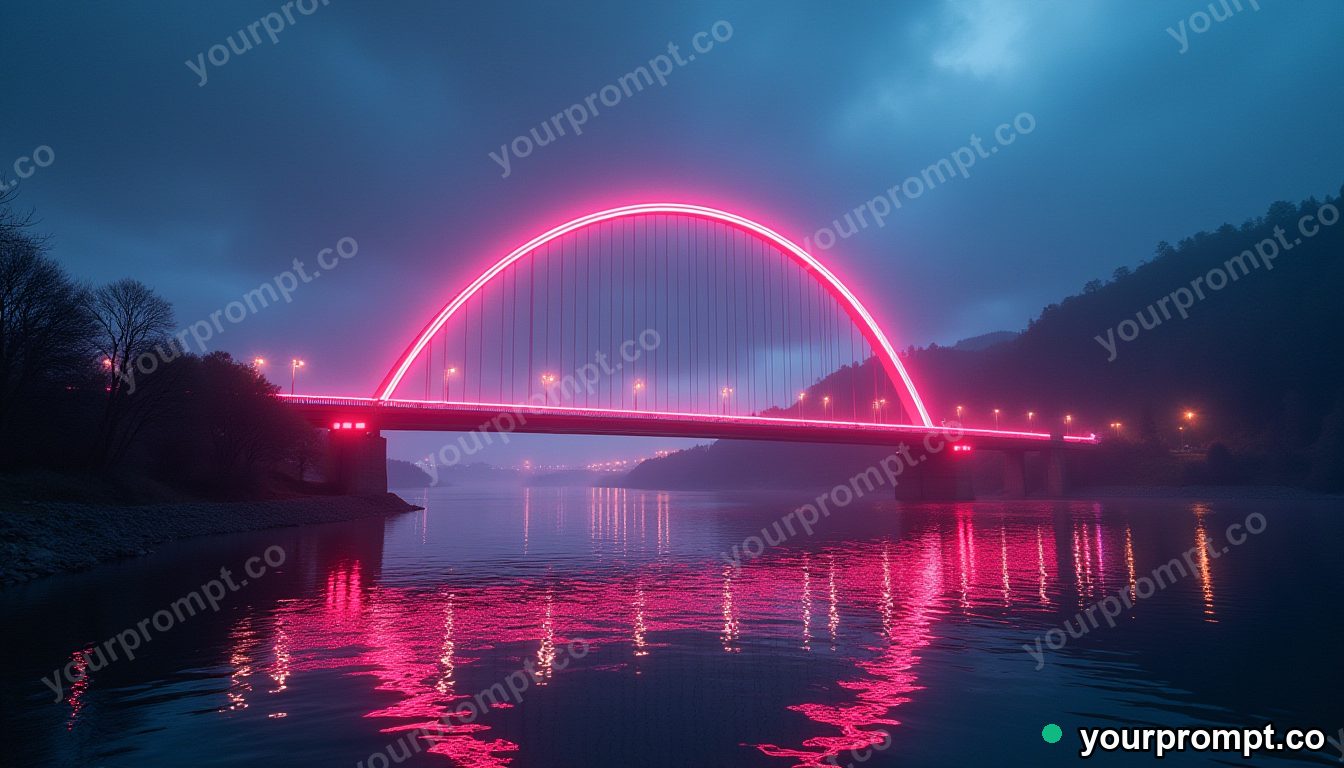 A glowing futuristic bridge across a neon river