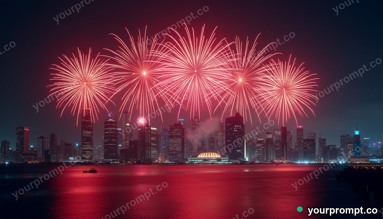 Fireworks bursting over a city skyline at midnight