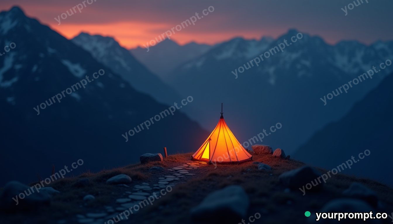A tent glowing warmly on a dark mountainside