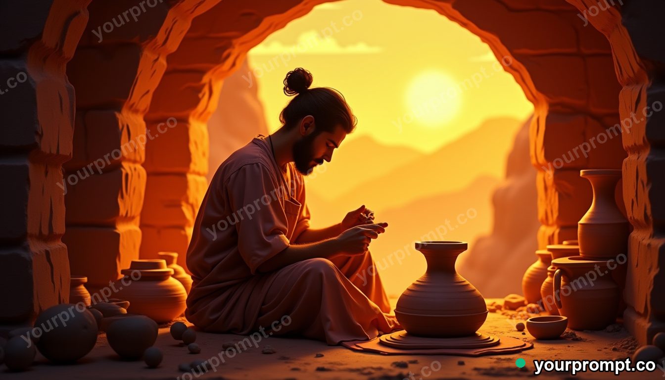 A potter shaping clay on a spinning wheel