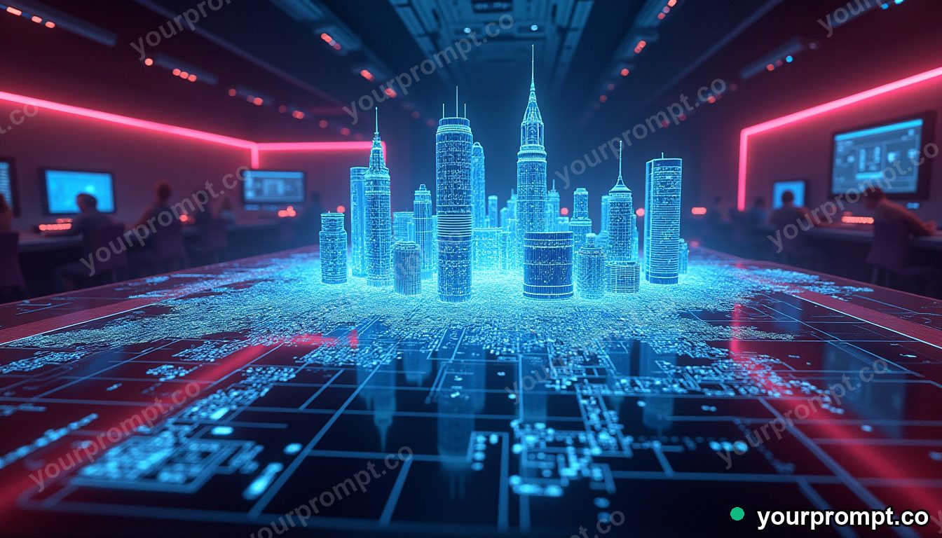 A holographic city map floating over a control room