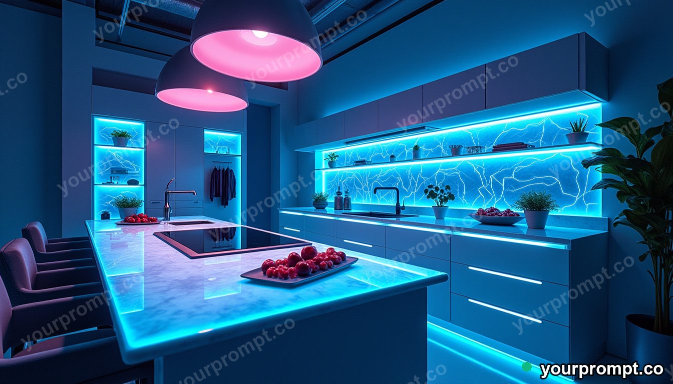 A futuristic smart kitchen with glowing surfaces