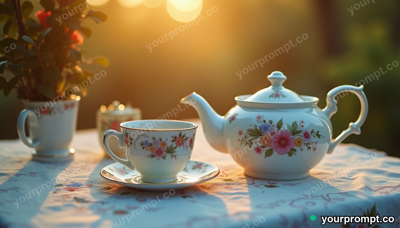 A teapot and porcelain cups on an embroidered cloth