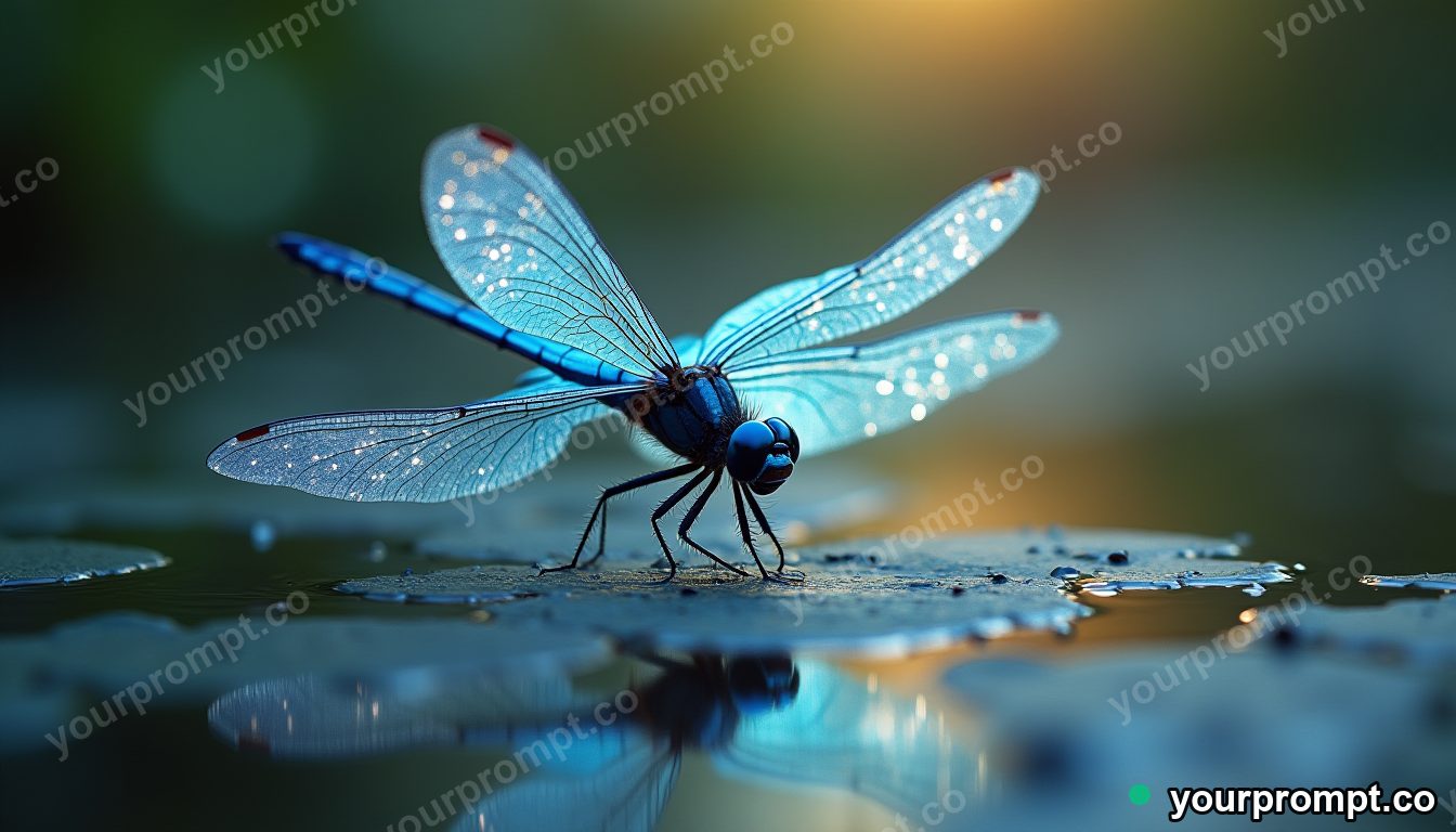 A dragonfly with crystalline wings over a pond