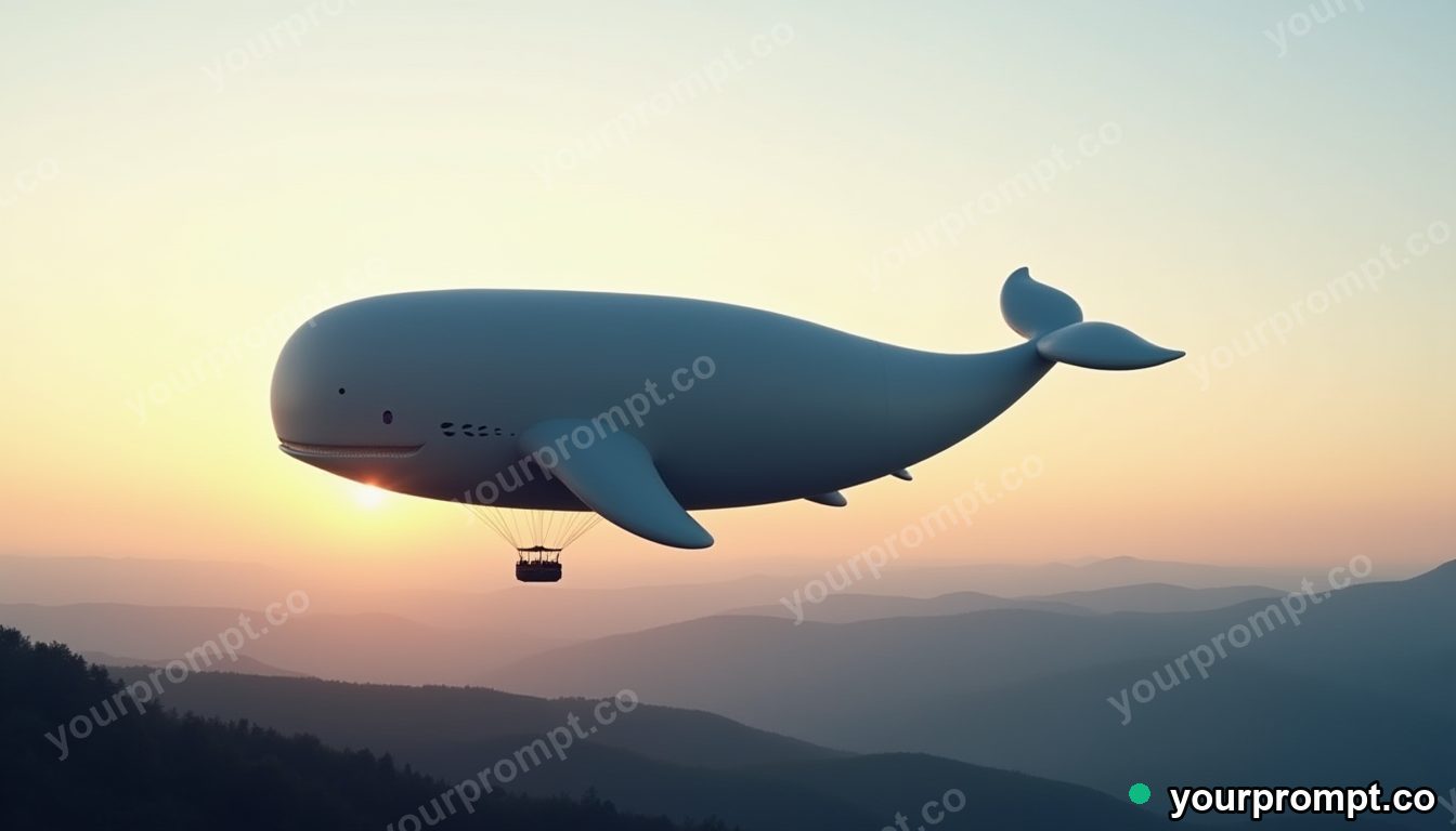 A hot-air balloon shaped like a whale over hills