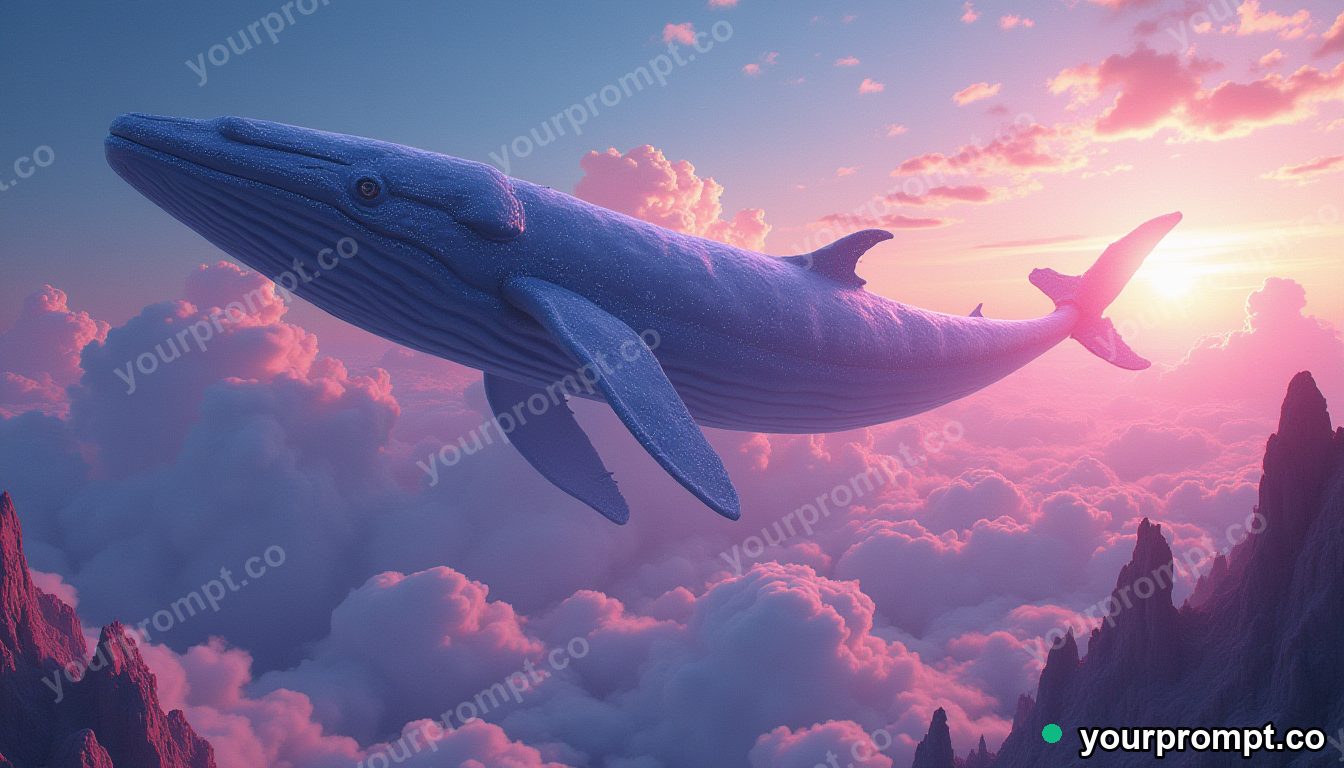 A colossal sky whale drifting above a fantasy kingdom