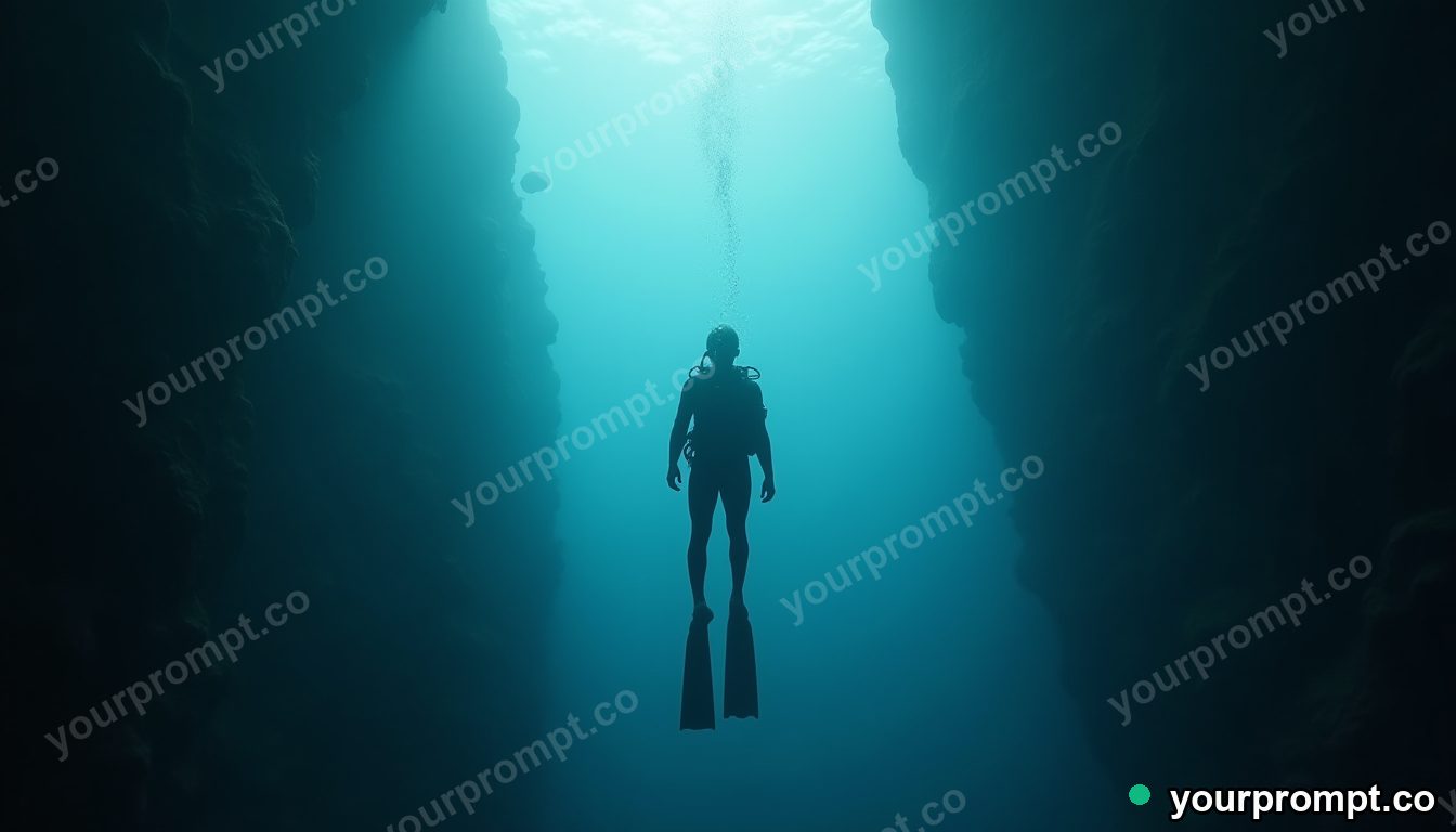 A diver silhouetted in a cathedral of light underwater