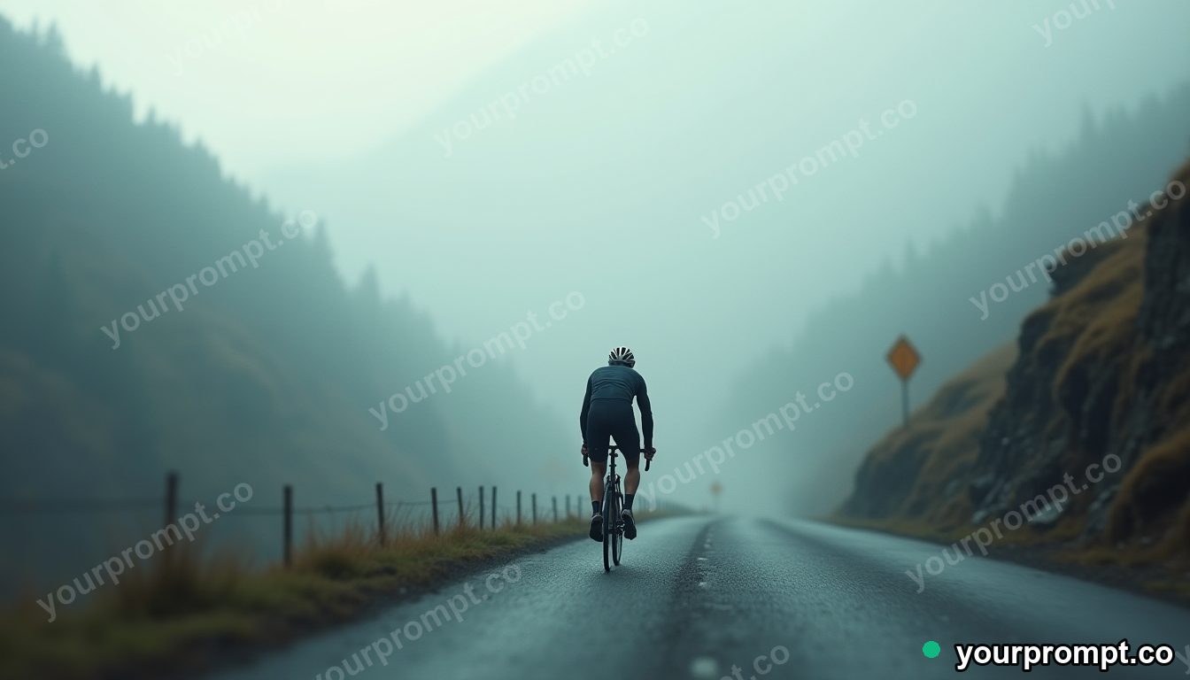A cyclist sprinting up a misty mountain pass