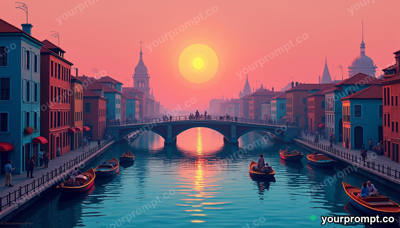 A floating city of bridges and canals at dawn