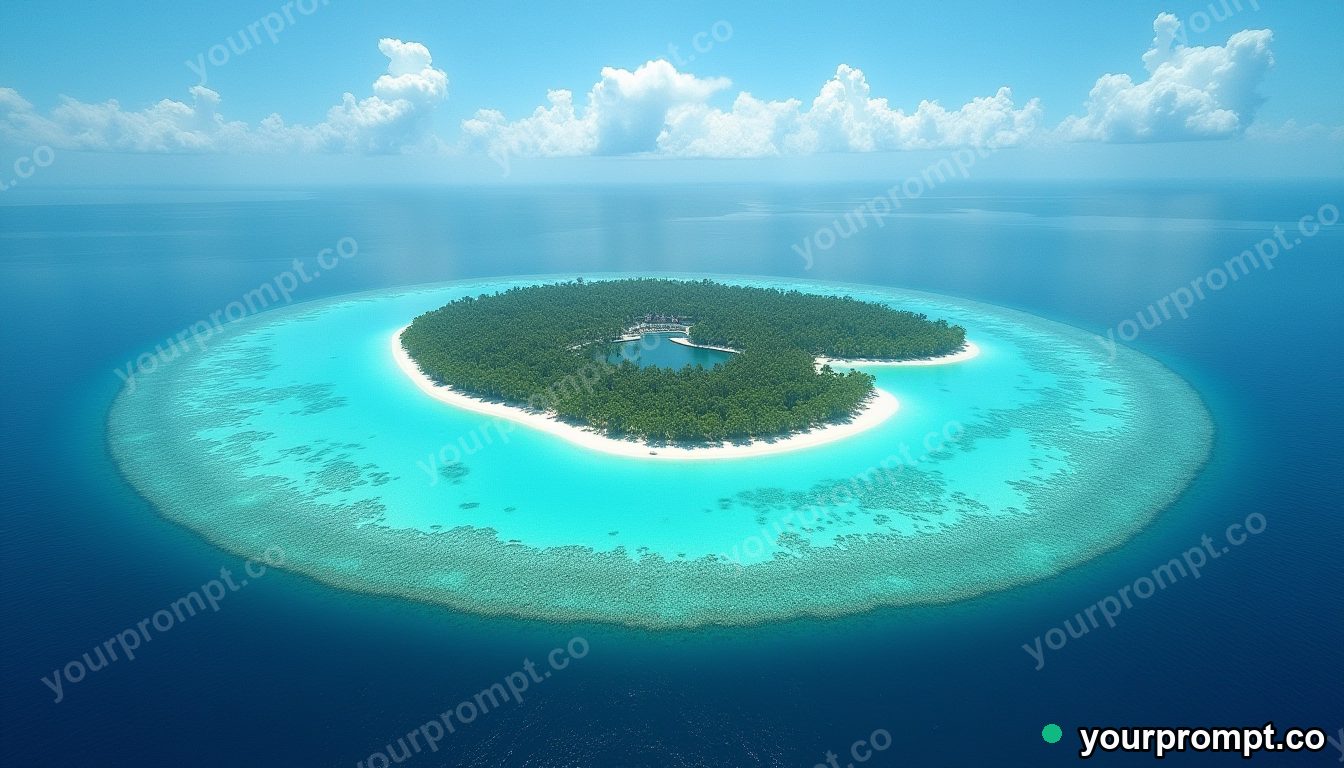 An aerial view of a tropical atoll ringed by reef