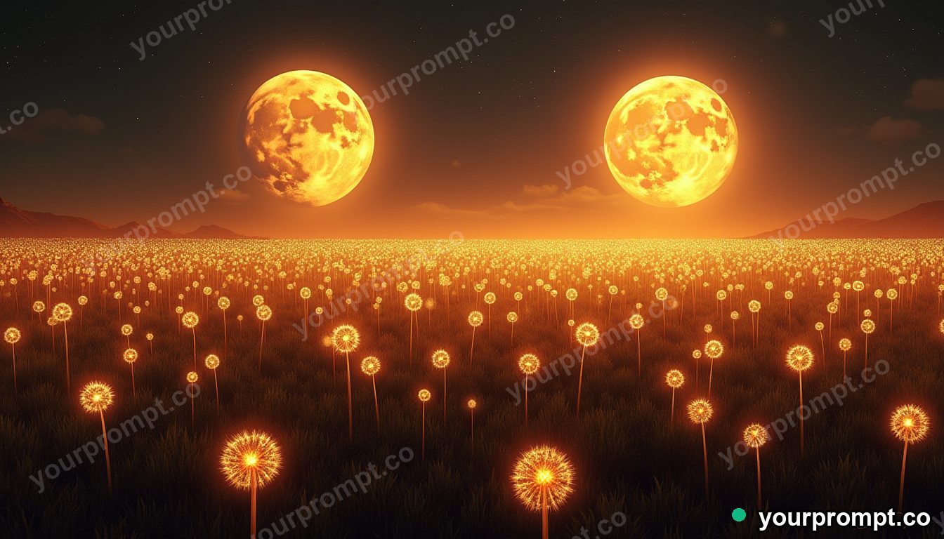 An endless field of glowing dandelions under twin moons