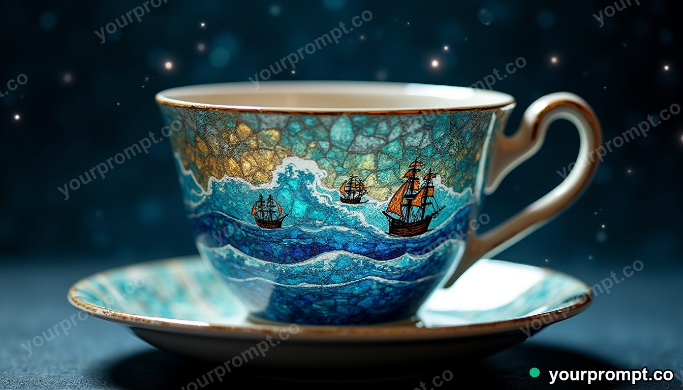 A teacup holding an entire stormy ocean with tiny ships