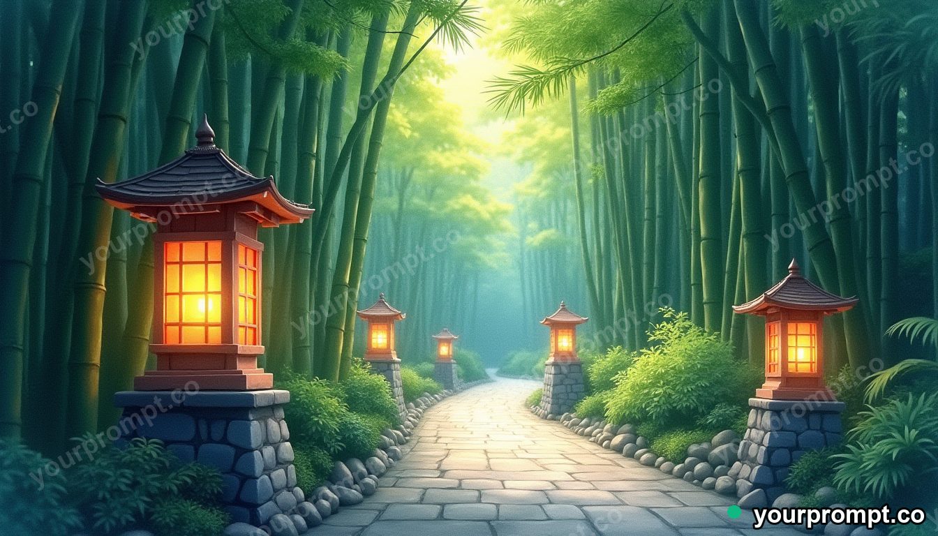 A quiet Kyoto bamboo path with stone lanterns
