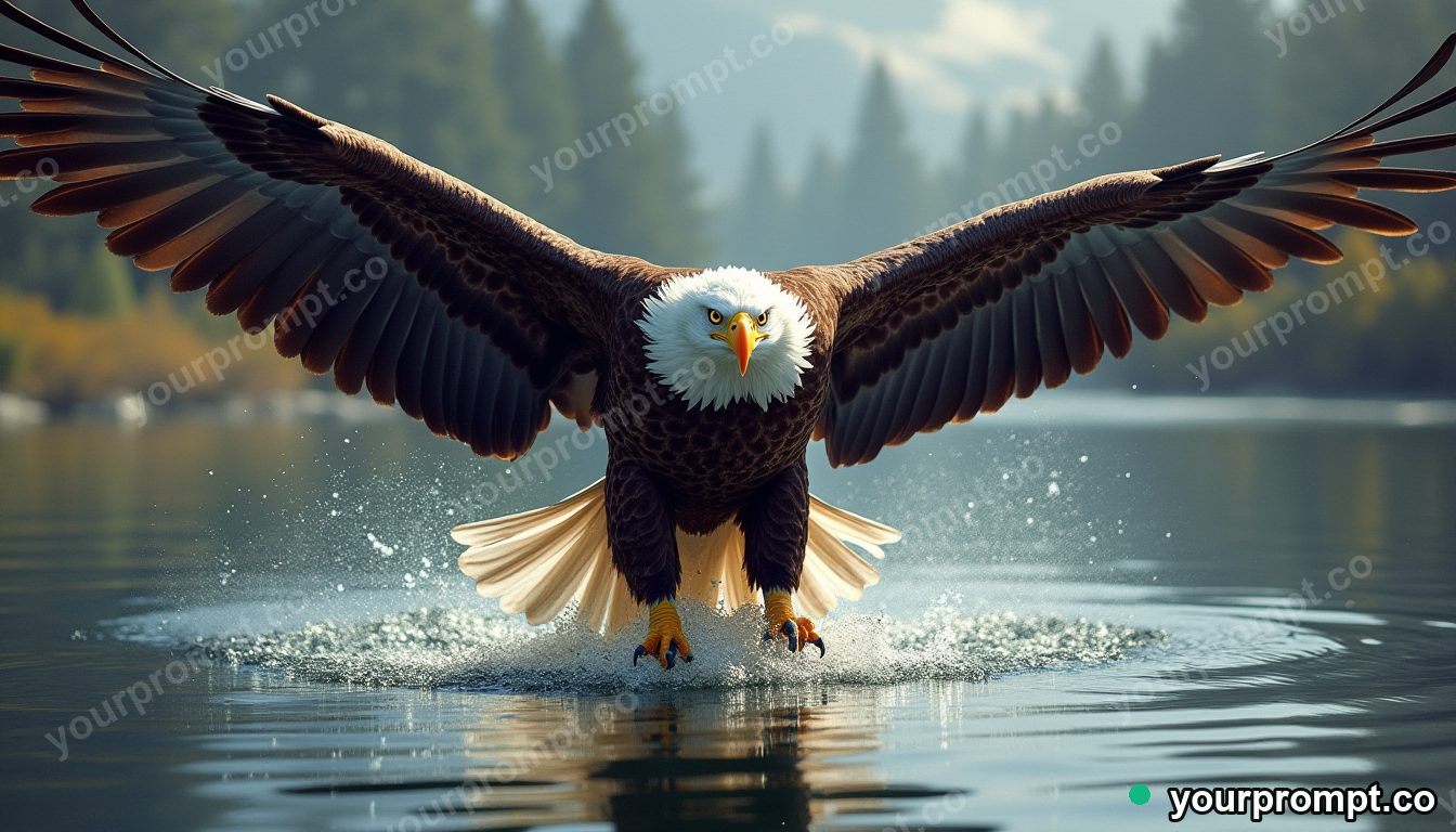 A bald eagle diving toward a lake