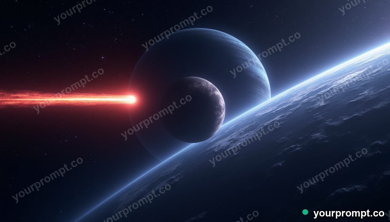 A comet streaking past a ringed planet