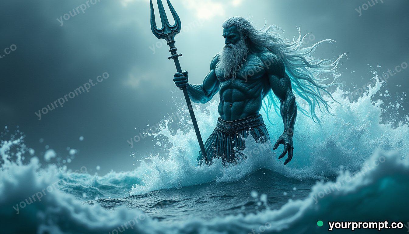 Poseidon rising from a churning sea with a trident