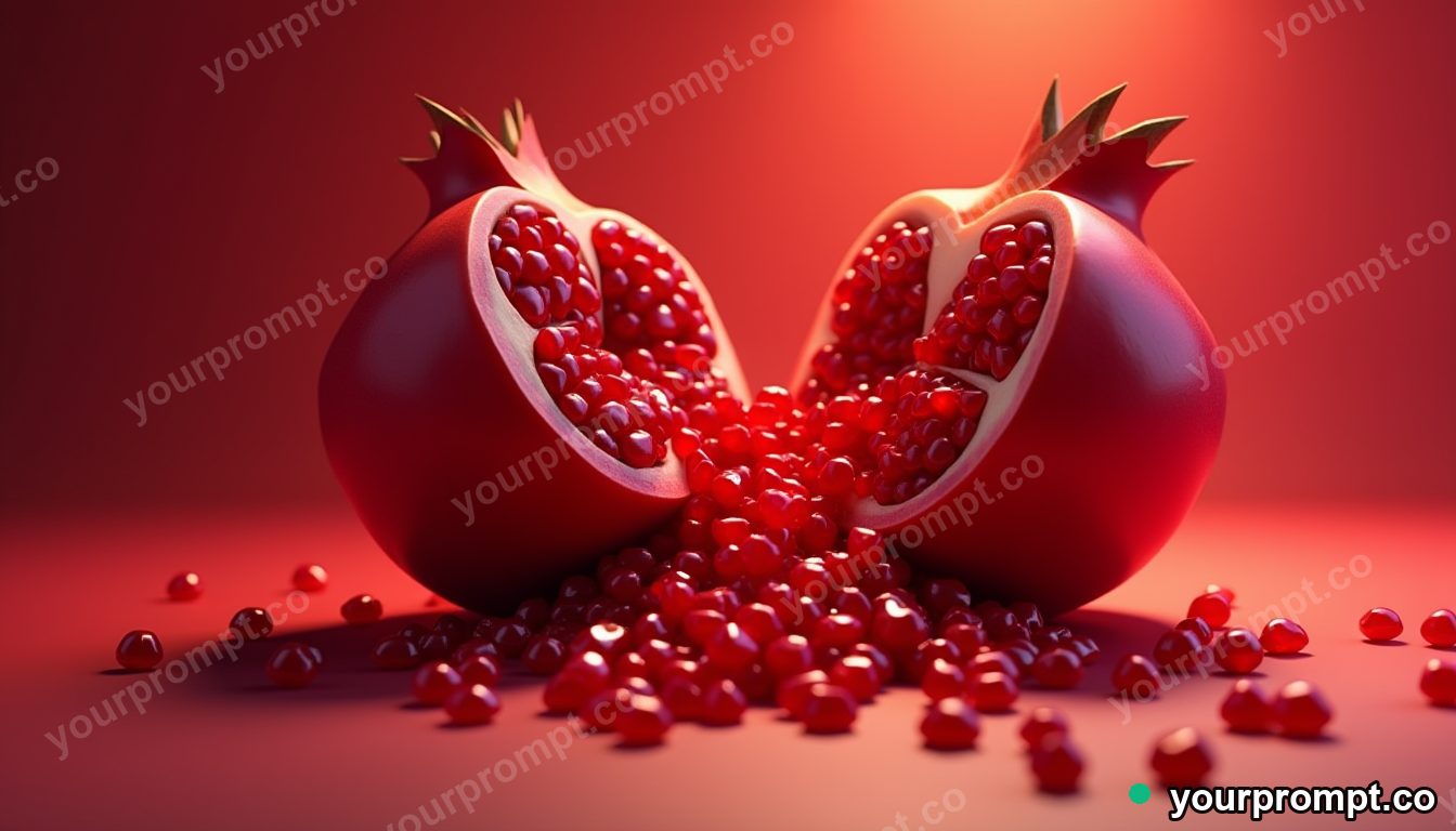 A pomegranate split open spilling ruby seeds