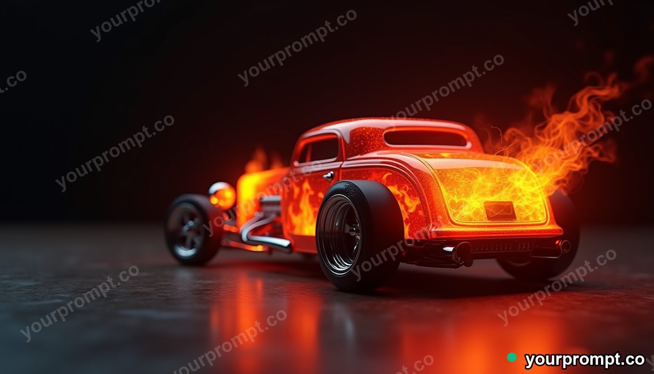 A flame-painted hot rod under studio lighting