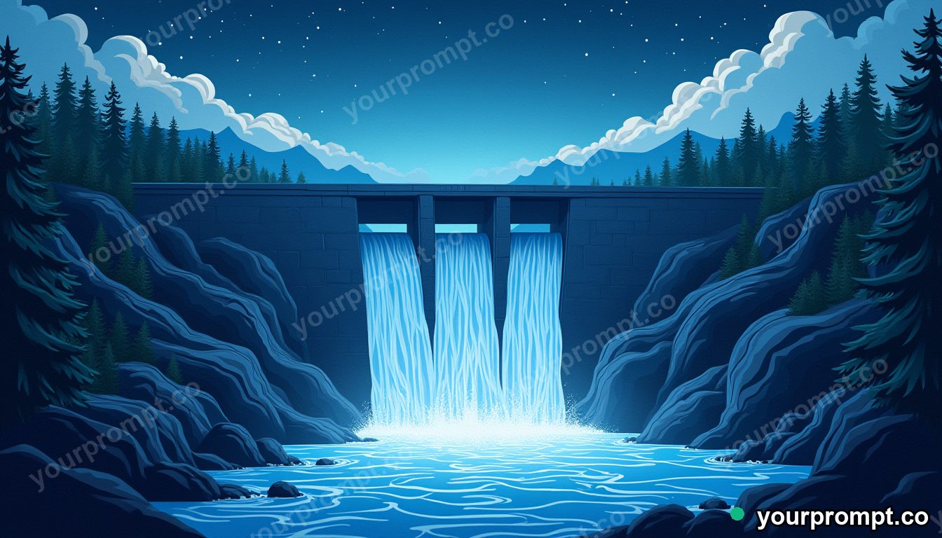 A towering dam releasing a thundering spillway