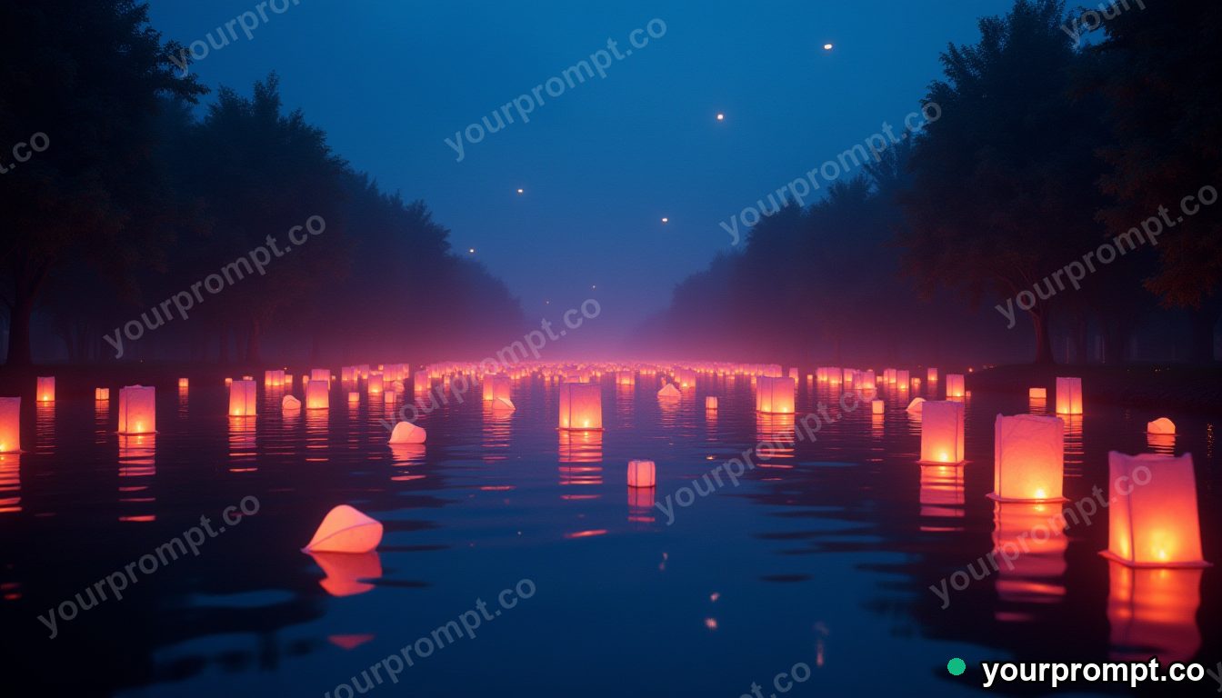 A lantern festival floating glowing lights on a river