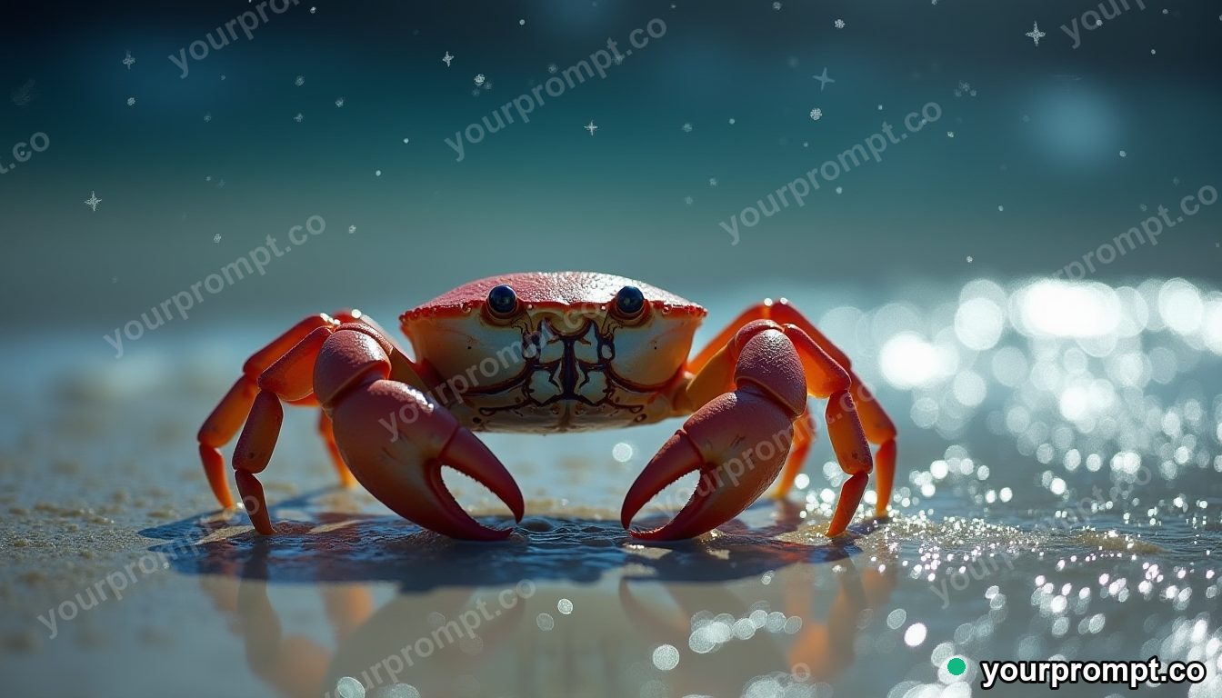 A crab scuttling across glistening wet sand