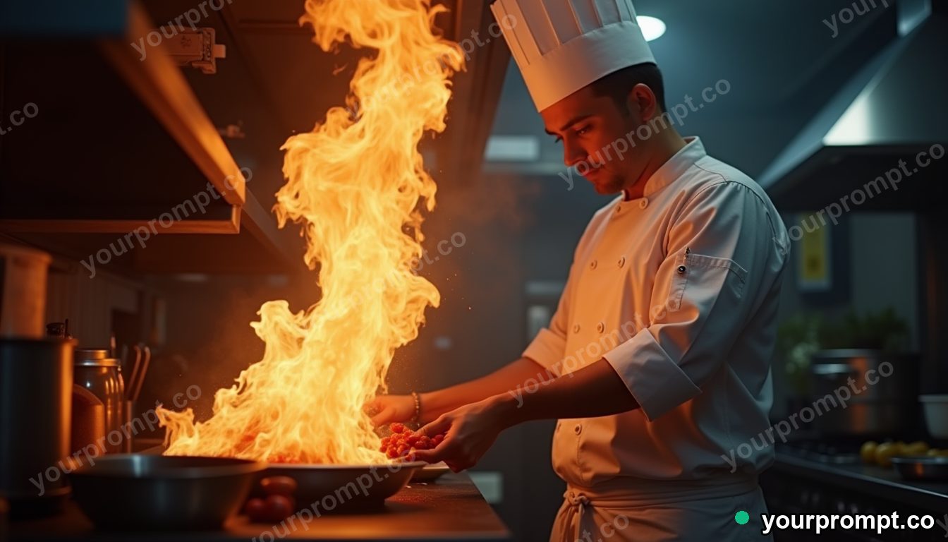 A chef flambeing a dish in a busy kitchen