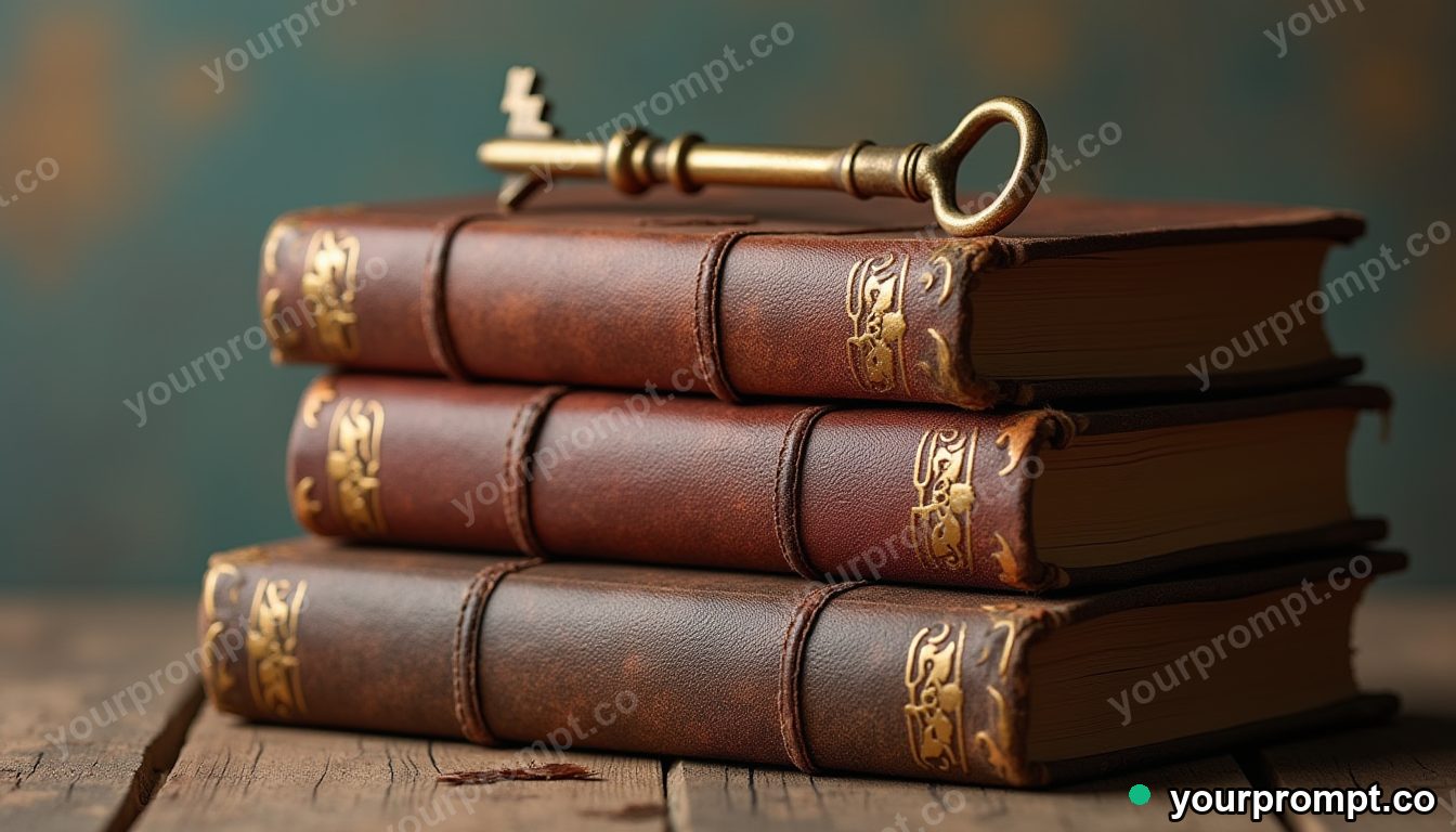 A stack of old leather books with a brass key
