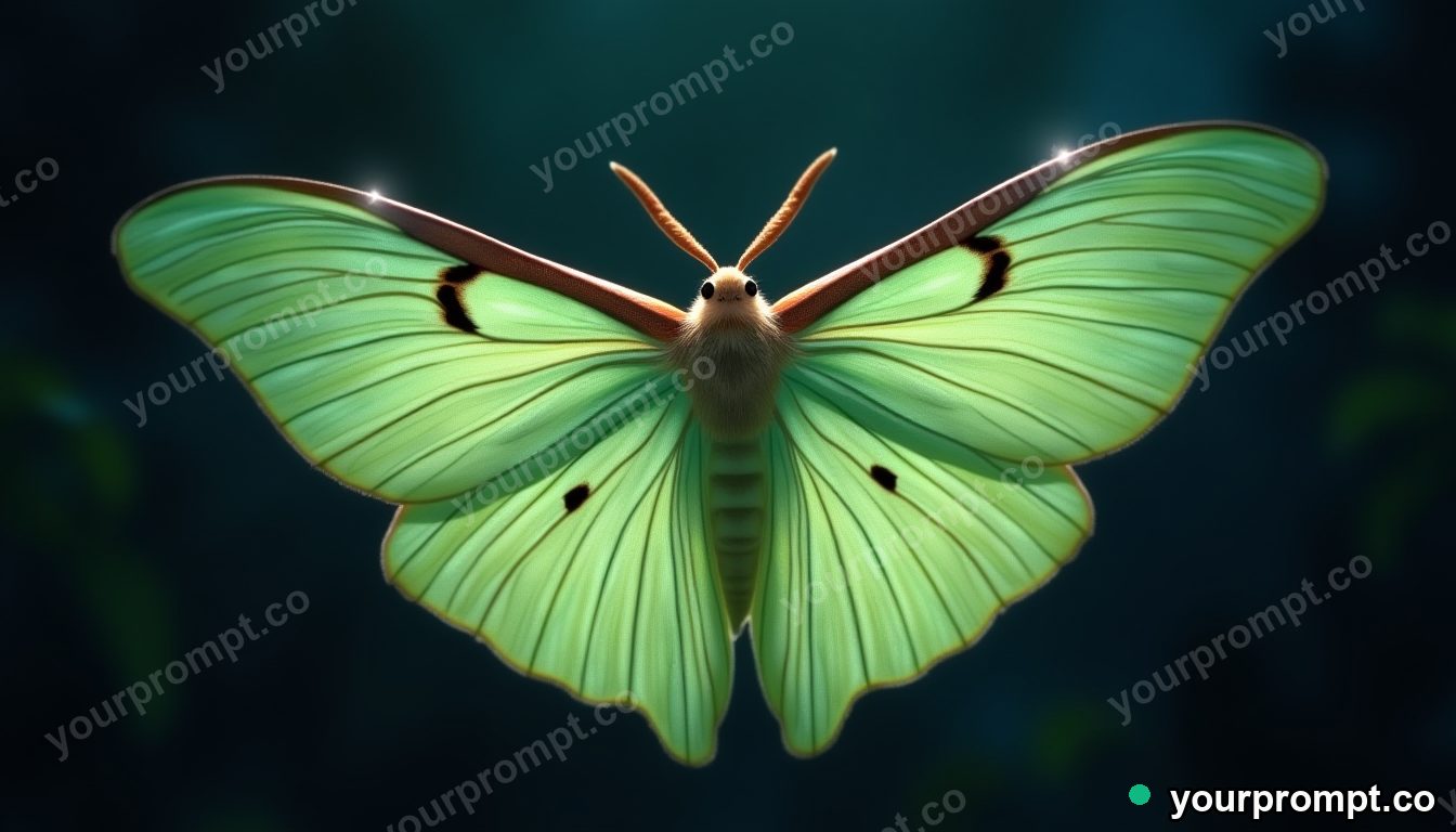 A luna moth with pale green wings at night