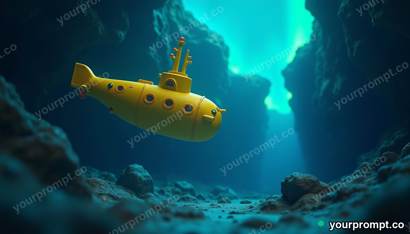 A yellow submarine exploring a glowing trench