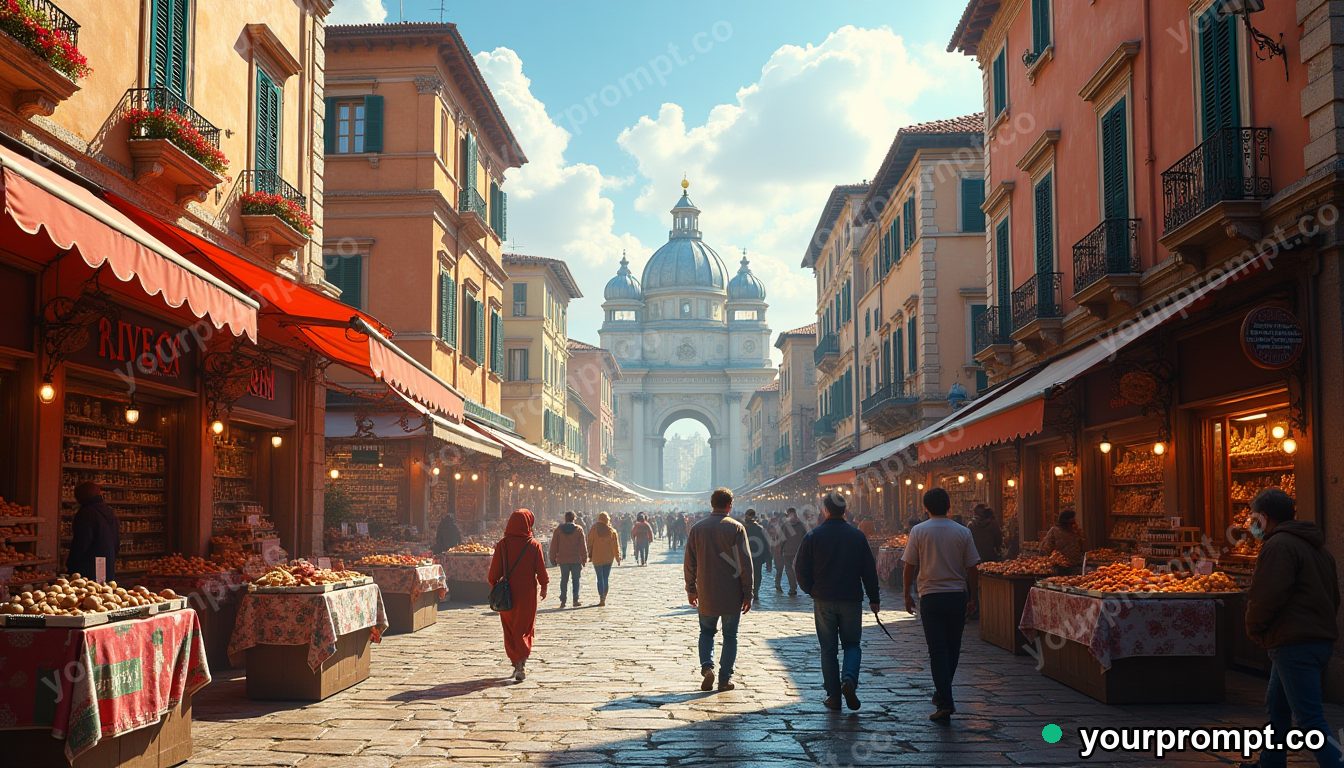 A bustling ancient Roman marketplace at midday