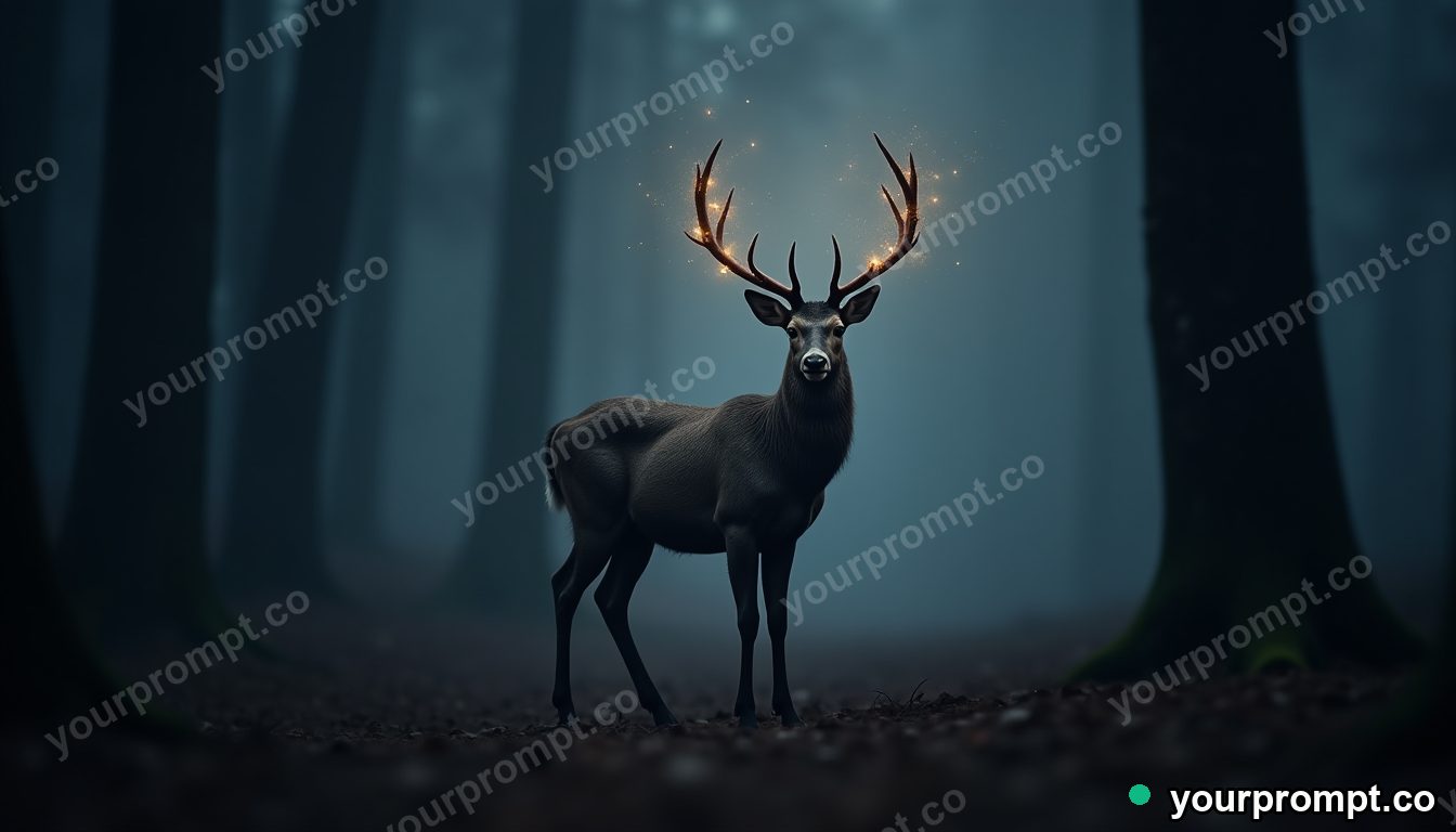 A celestial deer with antlers of starlight in a dark wood