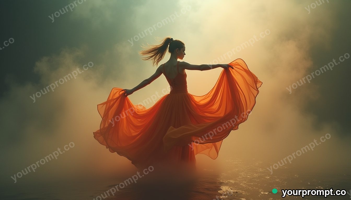 A young dancer mid-spin with flowing fabric, fictional