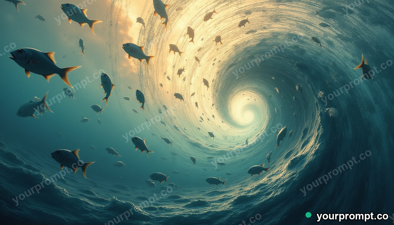 A school of silver fish swirling into a tornado